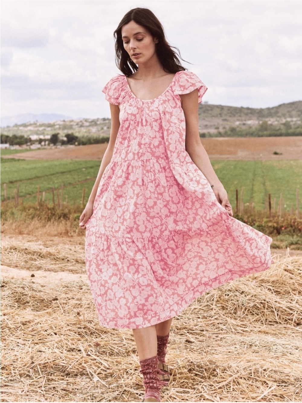 THE GREAT Women’s Plumeria Pink Floral Whipstitched Midi Dress Size Small